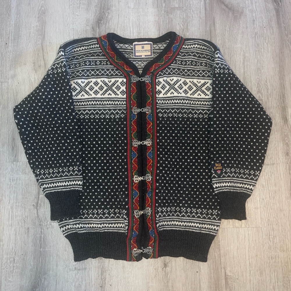 Dale of Norway Nordic Black and White Sweater with Red Trim